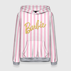 Толстовка-худи женская Barbie - золотая надпись и бело-розовые полосы, цвет: 3D-меланж