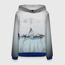 Толстовка-худи женская Акула большая белая в толще воды, цвет: 3D-синий