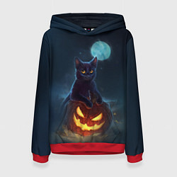 Толстовка-худи женская Кот с тыквой - хэллоуин, цвет: 3D-красный