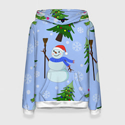Толстовка-худи женская Снеговики с новогодними елками паттерн, цвет: 3D-белый