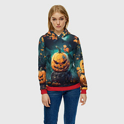 Толстовка-худи женская Хэллоуинская тыква под луной, цвет: 3D-красный — фото 2