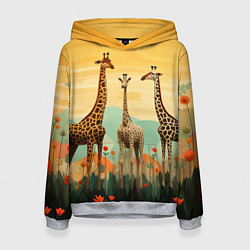 Толстовка-худи женская Три жирафа в стиле фолк-арт, цвет: 3D-меланж