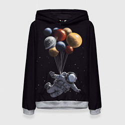 Толстовка-худи женская Космонавт с шариками в космосе, цвет: 3D-меланж