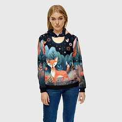 Толстовка-худи женская Лисичка в осеннем лесу фолк-арт, цвет: 3D-черный — фото 2
