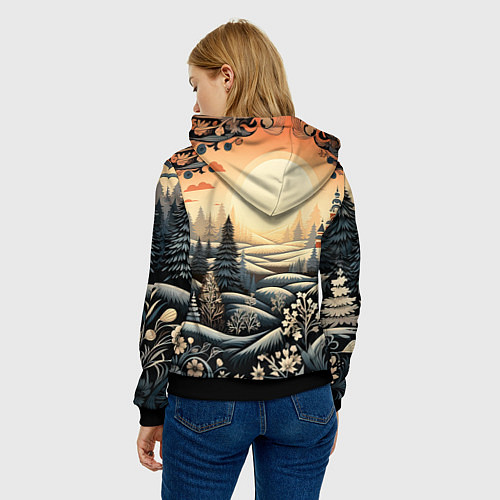 Женская толстовка Зимний предновогодний пейзаж / 3D-Черный – фото 4