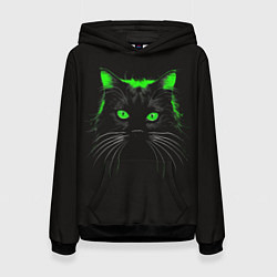 Толстовка-худи женская Черный кот в зеленом свечении, цвет: 3D-черный