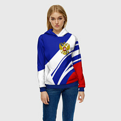 Толстовка-худи женская Герб России на абстрактных полосах, цвет: 3D-синий — фото 2
