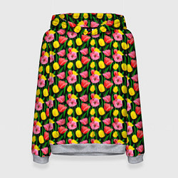 Толстовка-худи женская Разноцветные тюльпаны, цвет: 3D-меланж