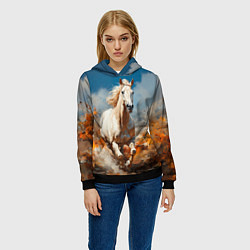 Толстовка-худи женская Белая лошадь скачет в поле, цвет: 3D-черный — фото 2