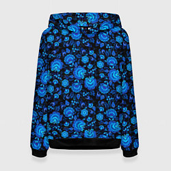 Толстовка-худи женская Новогодняя гжельская роспись чёрный фон, цвет: 3D-черный