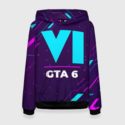 Толстовка-худи женская Символ GTA 6 в неоновых цветах на темном фоне, цвет: 3D-черный