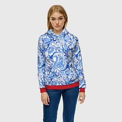 Толстовка-худи женская Гжельская роспись на белом фоне, цвет: 3D-красный — фото 2