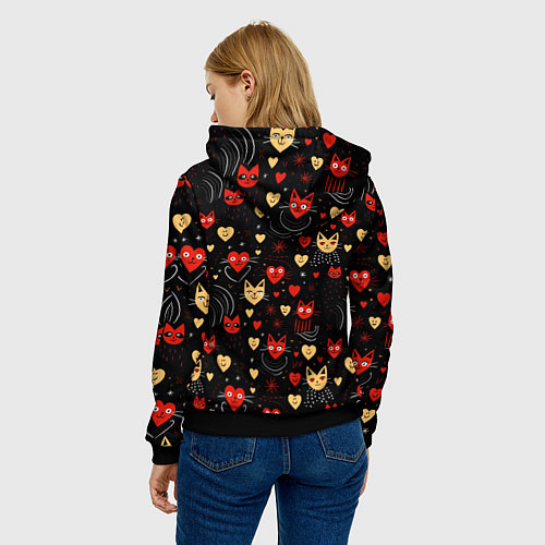 Женская толстовка Паттерн с сердечками и котами валентинка / 3D-Черный – фото 4