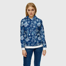 Толстовка-худи женская Snowflakes on a blue background, цвет: 3D-белый — фото 2