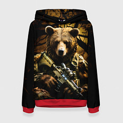 Толстовка-худи женская Медведь солдат в дремучем лесу, цвет: 3D-красный