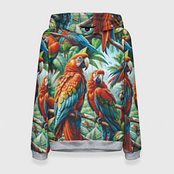 Толстовка-худи женская Попугаи Ара - тропики джунгли, цвет: 3D-меланж