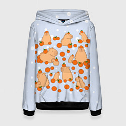 Толстовка-худи женская Мем капибара и мандарины, цвет: 3D-черный