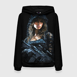 Толстовка-худи женская Брюнетка снайпер в черном камуфляже, цвет: 3D-черный
