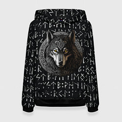 Толстовка-худи женская Волк воин в орнаменте полустёртых рун, цвет: 3D-черный