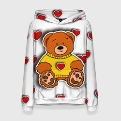 Толстовка-худи женская Стикер наклейка медвежонок и сердце объемный рисун, цвет: 3D-белый