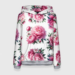 Толстовка-худи женская Розовые цветы пиона, цвет: 3D-меланж