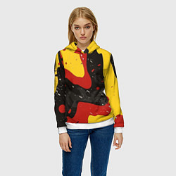 Толстовка-худи женская Красные желтые оранжевые пятна краски абстракция, цвет: 3D-белый — фото 2