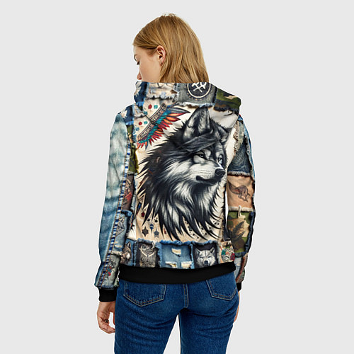 Женская толстовка Волк на дениме Пэчворк / 3D-Черный – фото 4