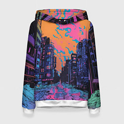 Толстовка-худи женская Киберпанк город в стиле комиксов, цвет: 3D-белый