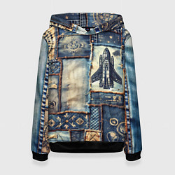 Толстовка-худи женская Космический корабль - пэчворк, цвет: 3D-черный