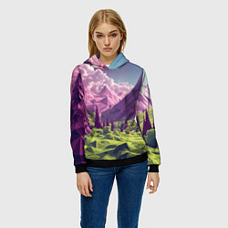 Толстовка-худи женская Геометрический зеленый пейзаж и фиолетовые горы, цвет: 3D-черный — фото 2