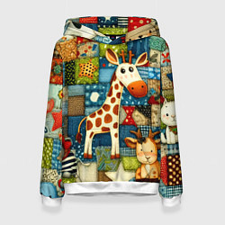 Толстовка-худи женская Жираф и компания - пэчворк нейросеть, цвет: 3D-белый