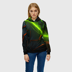 Толстовка-худи женская Green neon abstract geometry, цвет: 3D-черный — фото 2