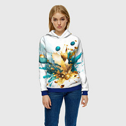 Толстовка-худи женская Бирюзово голубая абстракция, брызги краски на бело, цвет: 3D-синий — фото 2
