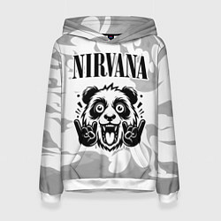 Толстовка-худи женская Nirvana рок панда на светлом фоне, цвет: 3D-белый