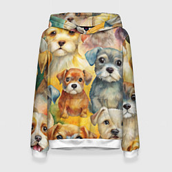 Толстовка-худи женская Красочный паттерн с щенками, цвет: 3D-белый