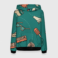 Толстовка-худи женская Предметы для путешествий, транспорт, цвет: 3D-черный