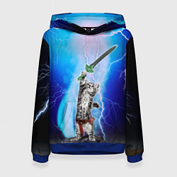 Толстовка-худи женская Кот-рыцарь с мечом экскалибур под молниями, цвет: 3D-синий