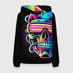 Толстовка-худи женская Cyber skull - ai art neon, цвет: 3D-черный