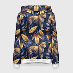 Толстовка-худи женская Леопард с золотыми листьями паттерны, цвет: 3D-белый