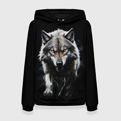 Толстовка-худи женская Нападающий славянский волк, цвет: 3D-черный