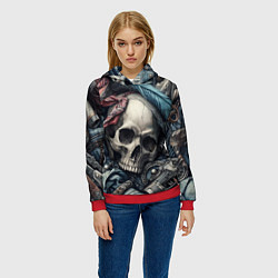Толстовка-худи женская Коллаж винтажный с черепом - нейроарт, цвет: 3D-красный — фото 2