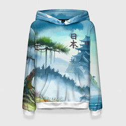 Толстовка-худи женская Японский пейзаж - акварель живопись, цвет: 3D-белый
