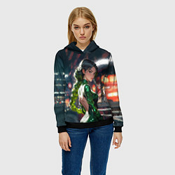 Толстовка-худи женская Девушка-андроид с зелёной косой, цвет: 3D-черный — фото 2