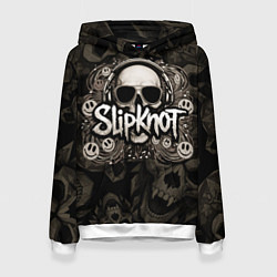 Толстовка-худи женская Slipknot на фоне черепа в очках и наушниках, цвет: 3D-белый