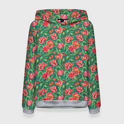 Толстовка-худи женская Тюлпаны с бабочками, цвет: 3D-меланж