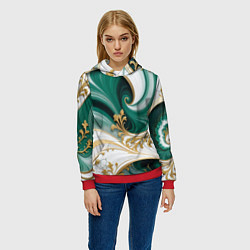 Толстовка-худи женская Зеленые волны и золотые веточки, цвет: 3D-красный — фото 2