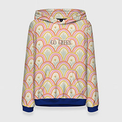 Толстовка-худи женская Go green эко паттерн с цветами и радугами, цвет: 3D-синий