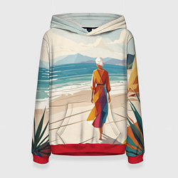 Толстовка-худи женская Летний пейзаж с женщиной на пляже, цвет: 3D-красный