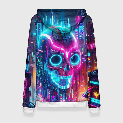 Женская толстовка Neon skull in metropolis - future / 3D-Белый – фото 2