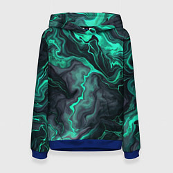 Женская толстовка Бирюзовый мрамор на черном фоне